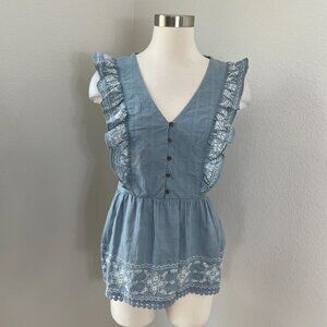 NEW Knox Rose Womens XL Dusty Blue Sleeveless Embroidered Ruffle Top Shirt